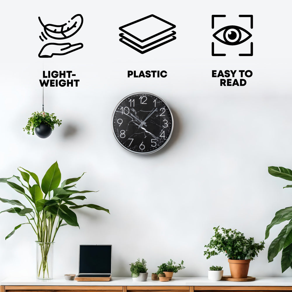 30cm Wall Clock Black Marbled- Home Accessories
