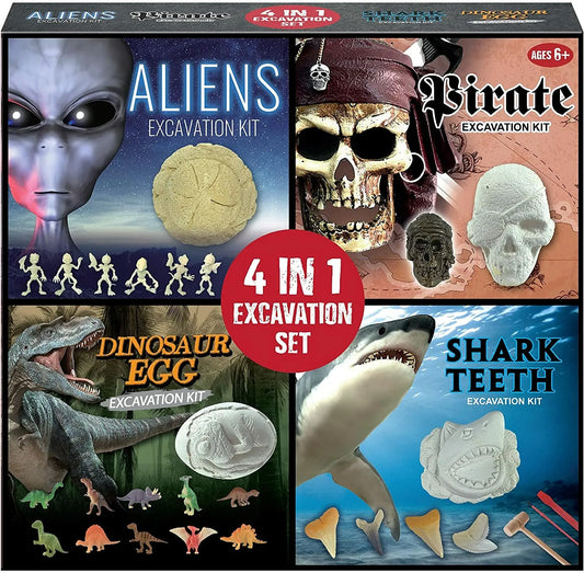 Boys 4 in 1 Excavation Gems Digging Pretend Archaeology Mining Kit Set