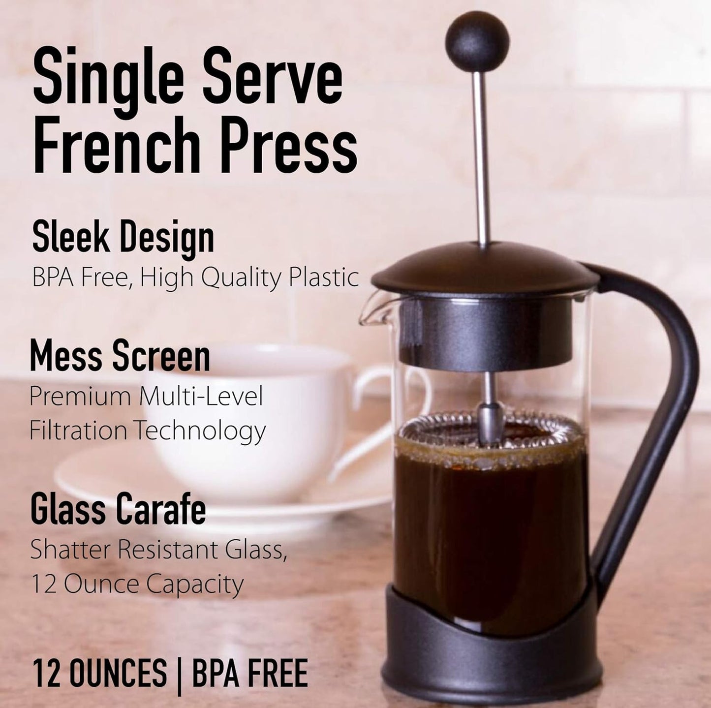 French Press Single Serving Coffee Maker by Clever Chef | Small French Press Perfect for Morning Coffee | Maximum Flavor Coffee Brewer with Superior Filtration |