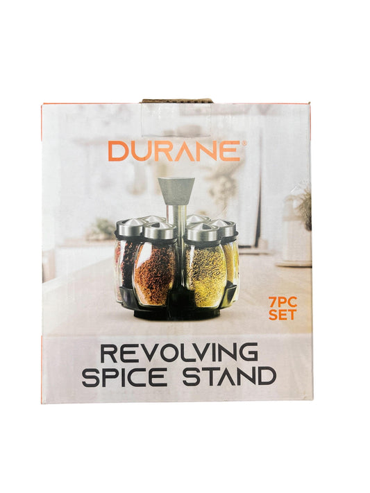 REVOLVING SPICE STAND 7 PC SET X Glass Jars With Stainless Steel Lids