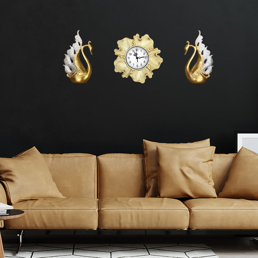 Wall Clock with Decoration Silver-Gold Swans