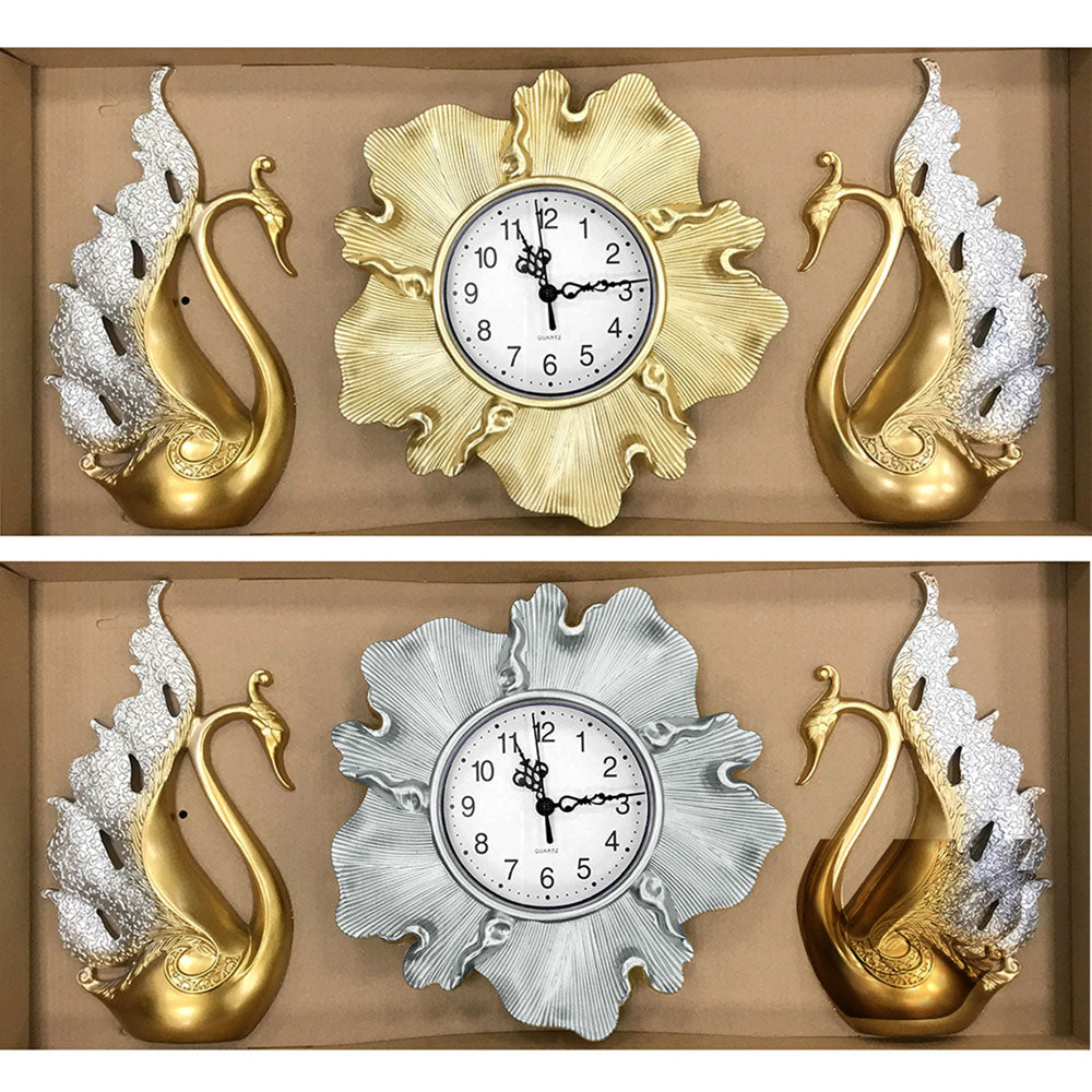 Wall Clock with Decoration Silver-Gold Swans