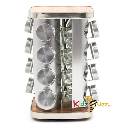 16 Jar Revolving Spice Rack with Glass Bottles Rotating for Herbs Spices Holder