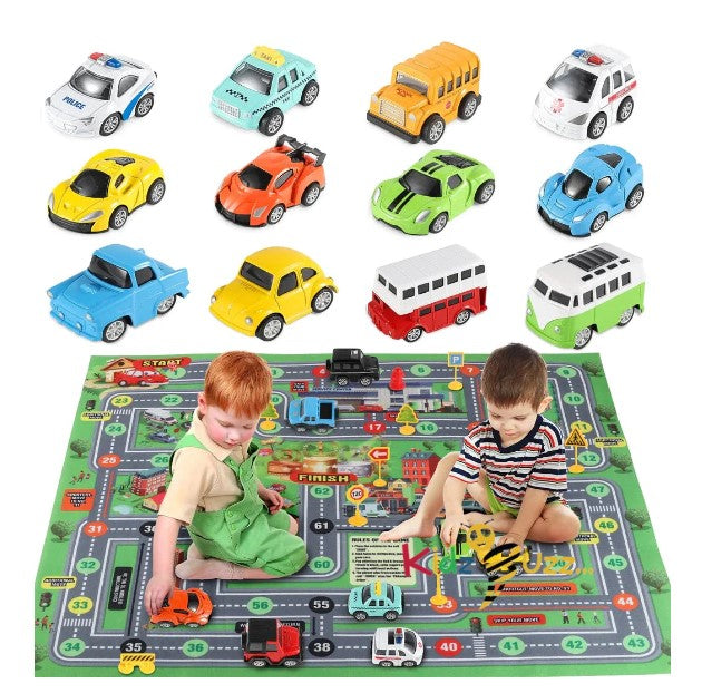 Die Cast Toy Cars Set 27 Pcs, Alloy Metal Pull Back Vehicles Set with Play Mat