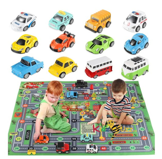 Die Cast Toy Cars Set 27 Pcs, Alloy Metal Pull Back Vehicles Set with Play Mat