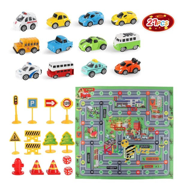 Die Cast Toy Cars Set 27 Pcs, Alloy Metal Pull Back Vehicles Set with Play Mat