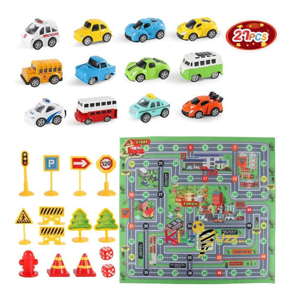 Die Cast Toy Cars Set 27 Pcs, Alloy Metal Pull Back Vehicles Set with Play Mat