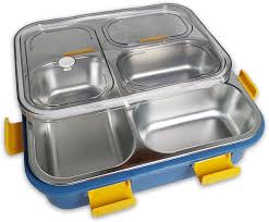 Laxson 3 Compartment Stainless Steel Lunch Box, Leak Proof 3 Containers Lunch Box, with a Spoon and a Pair of Chopsticks, Capacity 750 ml, Thermoware (Blue) IND
