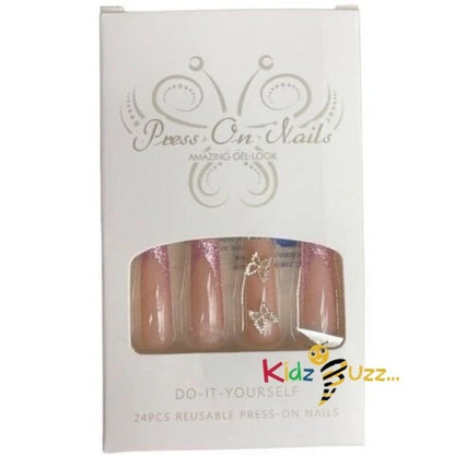 24 X Fake Nails Reusable Stick Press on Stiletto Glitter Matte False Nail Tips