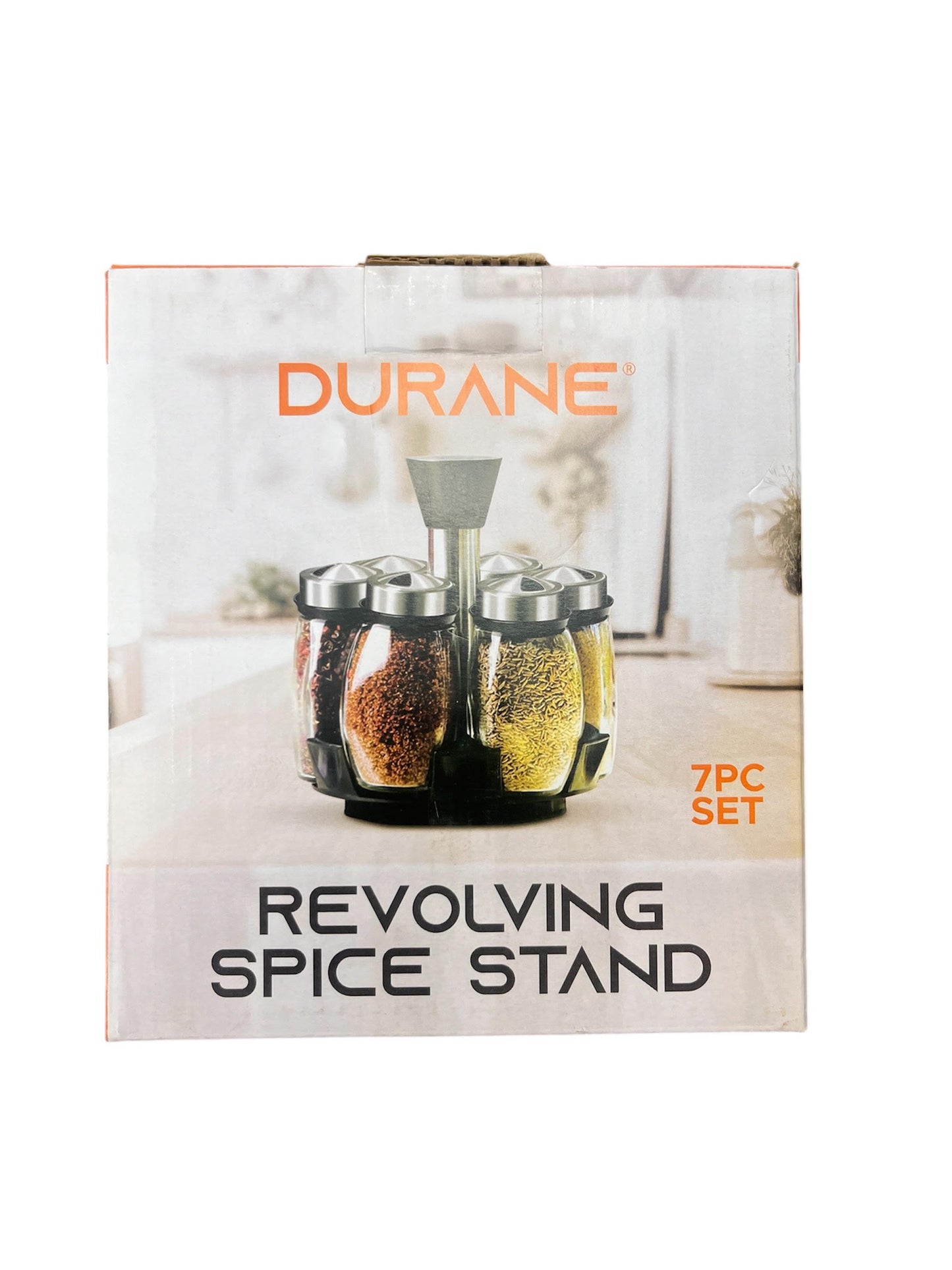 REVOLVING SPICE STAND 7 PC SET X Glass Jars With Stainless Steel Lids
